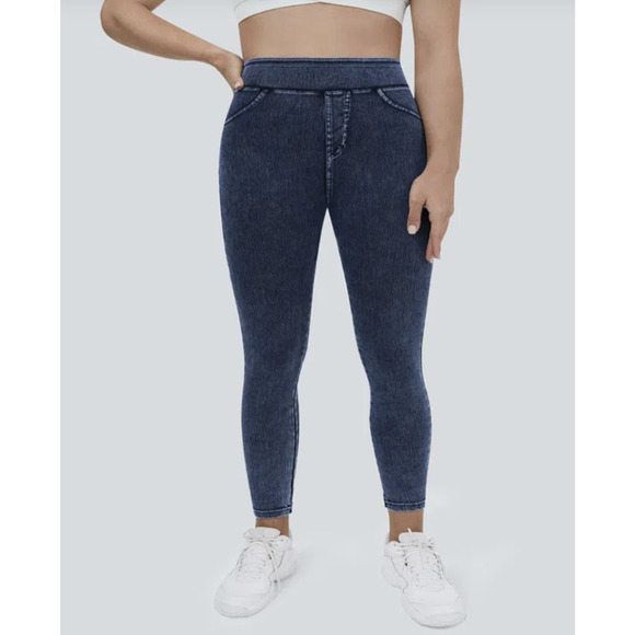 Halara Leggings Womens Medium Blue Denim Back Pockets High Rise Stretch Pants - Picture 4 of 9